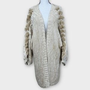 Anthropologie Braided Sleeve Knit Fringe Open Front Cardigan Sweater One Size